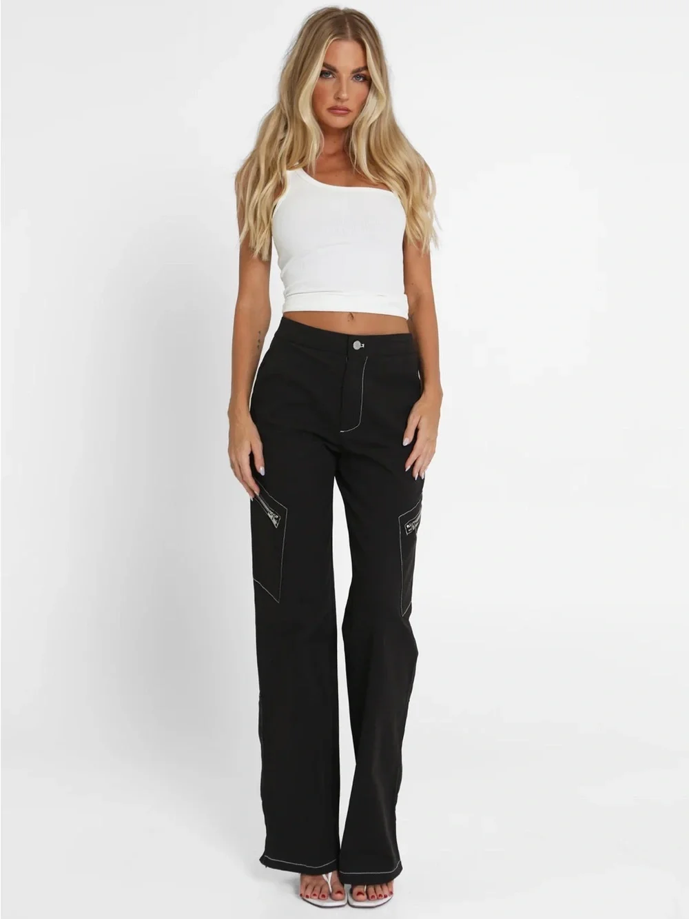 NWT BY.DYLN Vaeda Pants Licorice Black Wide Leg Cargo Pants Contrast Stitch